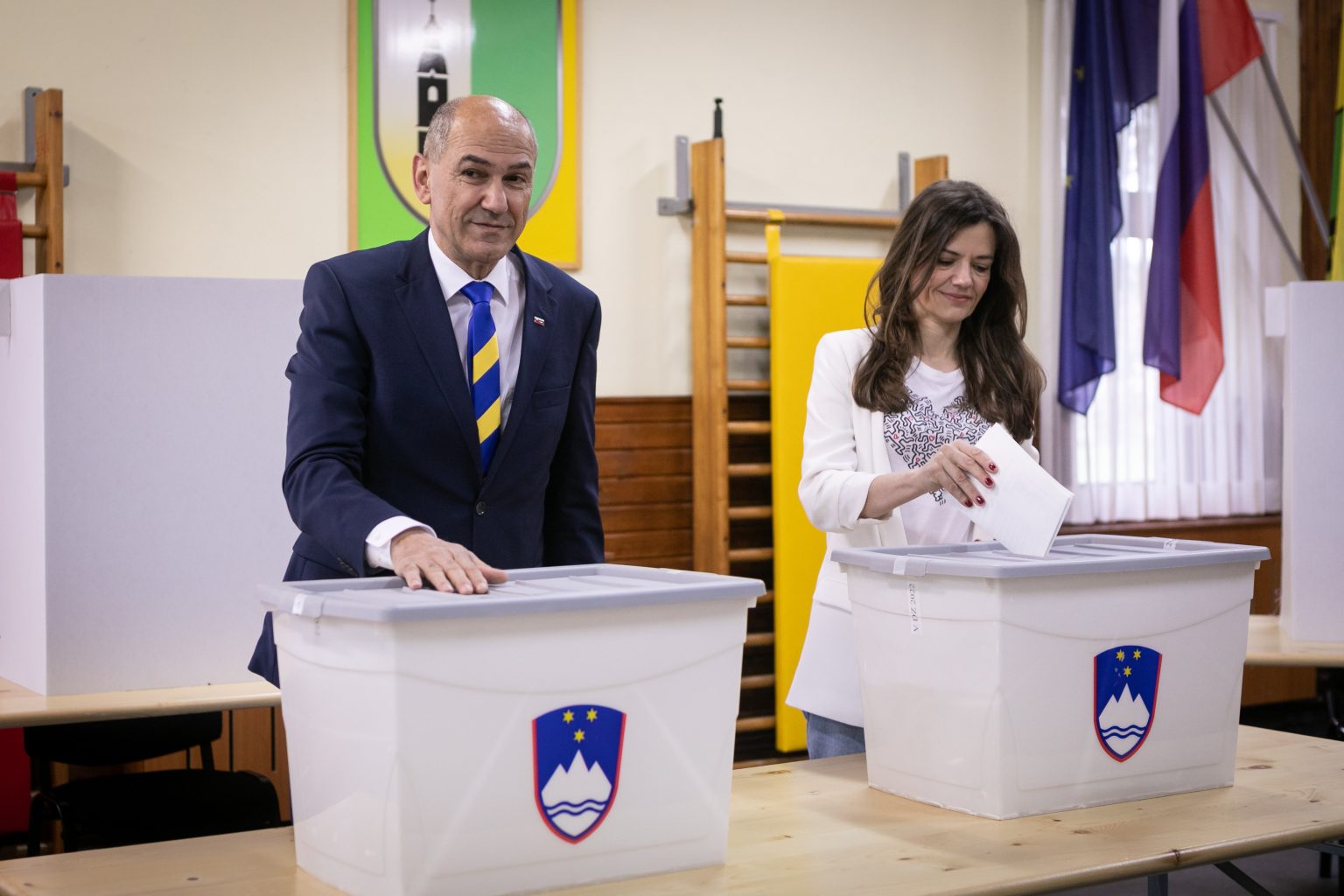 Slovenian Prime Minister Janez Jansa and his wife Urska Bacovnik voting in Ljubljana.