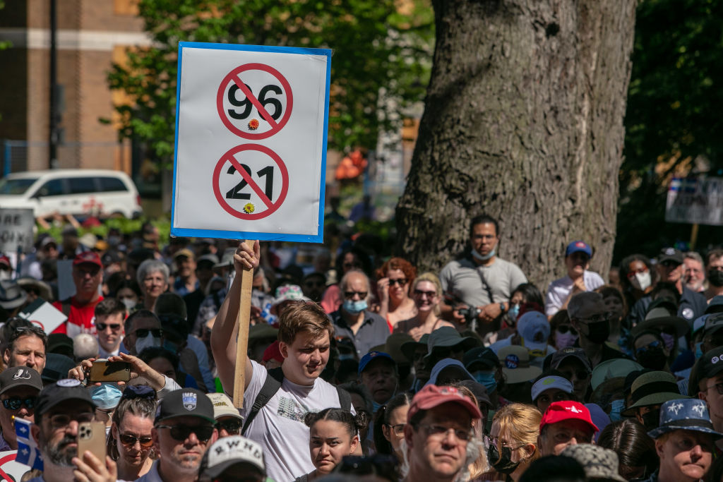 Protesters march at Dawson College in Montreal.