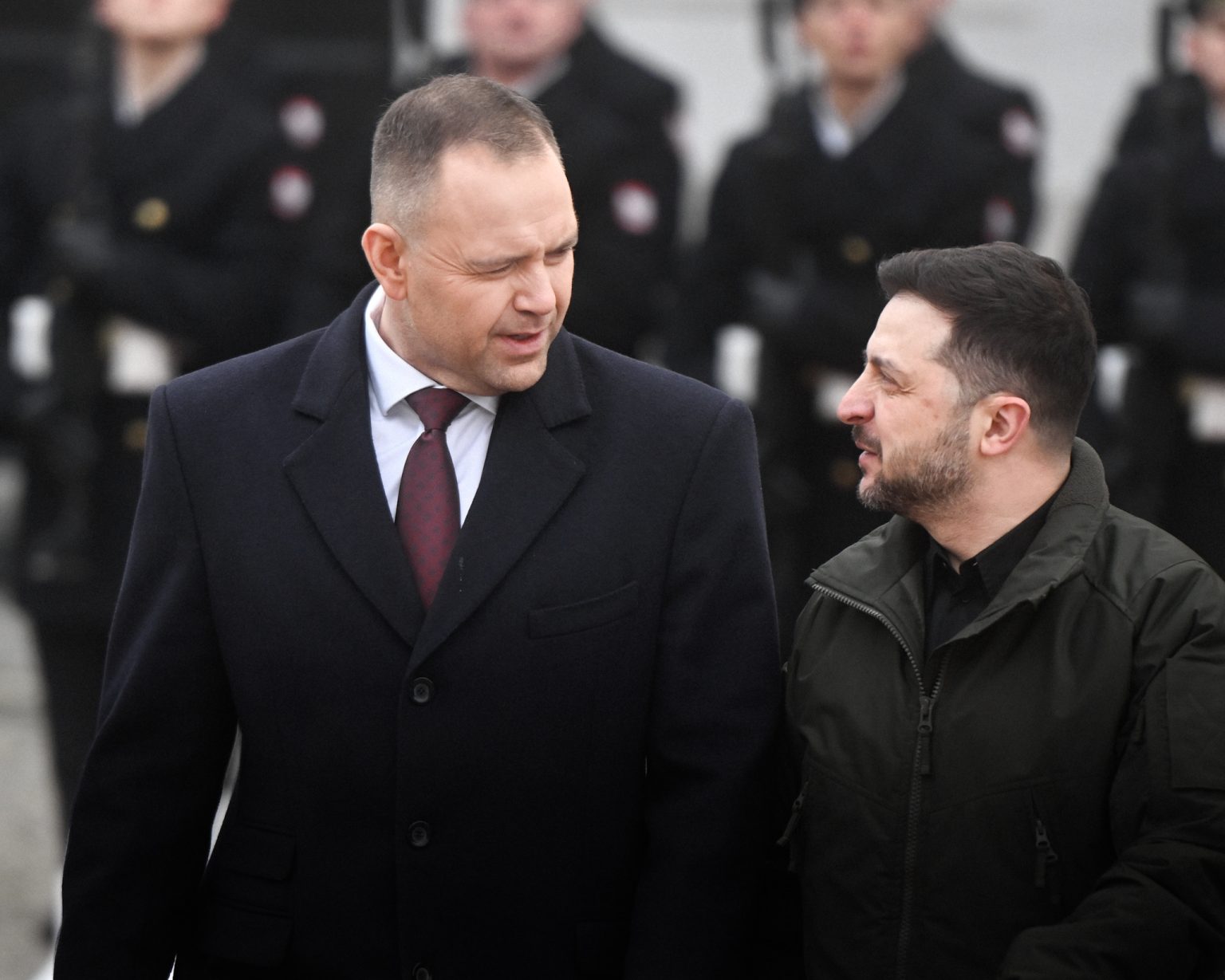 Polish President Karol Nawrocki welcomes Ukrainian President Volodymyr Zelensky.