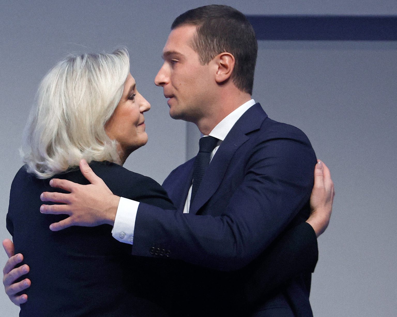 Jordan Bardella and Marine Le Pen display their unity in the days before the verdict in Le Pen’s trial. Photo: Chesnot/Getty Images