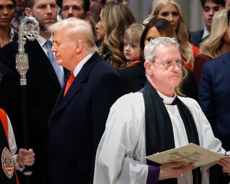 Donald Trump and Ven. Steve Seely at a prayer service.