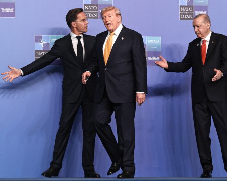 Mark Rutte, Donald Trump a Recep Tayyip Erdogan.