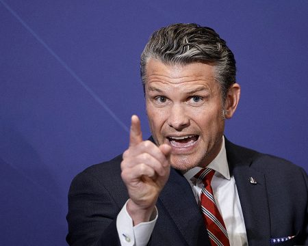 Pete Hegseth speaks at the summit in Carlisle.