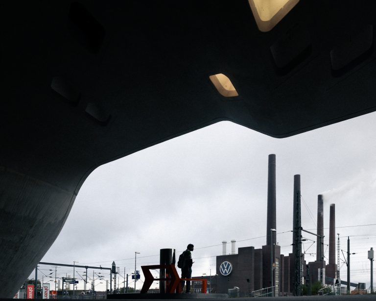A man in front of the Volkswagen power plant in Wolfsburg.