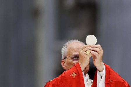Pope Leo raises the host as he celebrates Mass.