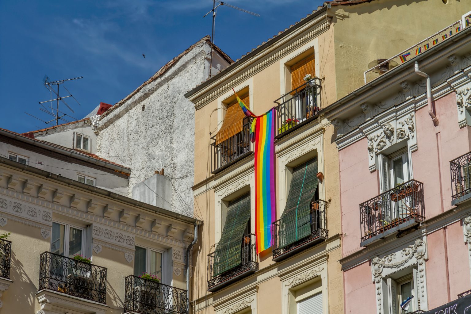 An LGBT flag flies in Madrid\'s Chueca neighborhood, one of Spain\'s best-known LGBT districts.