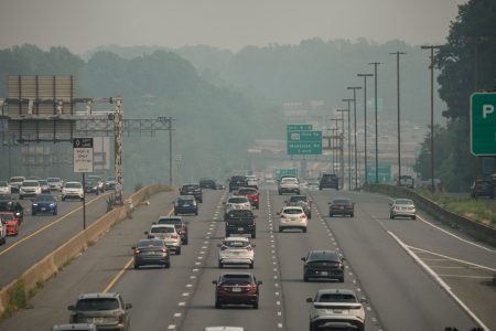 Smoke from Canadian wildfires over Interstate 270.