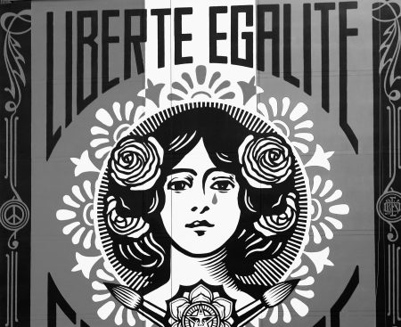 A giant fresco representing \"Marianne\" and the motto of France \"Liberty, Equality, Fraternity\"