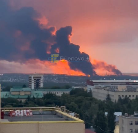 A burning oil storage facility in the Stavropol Region