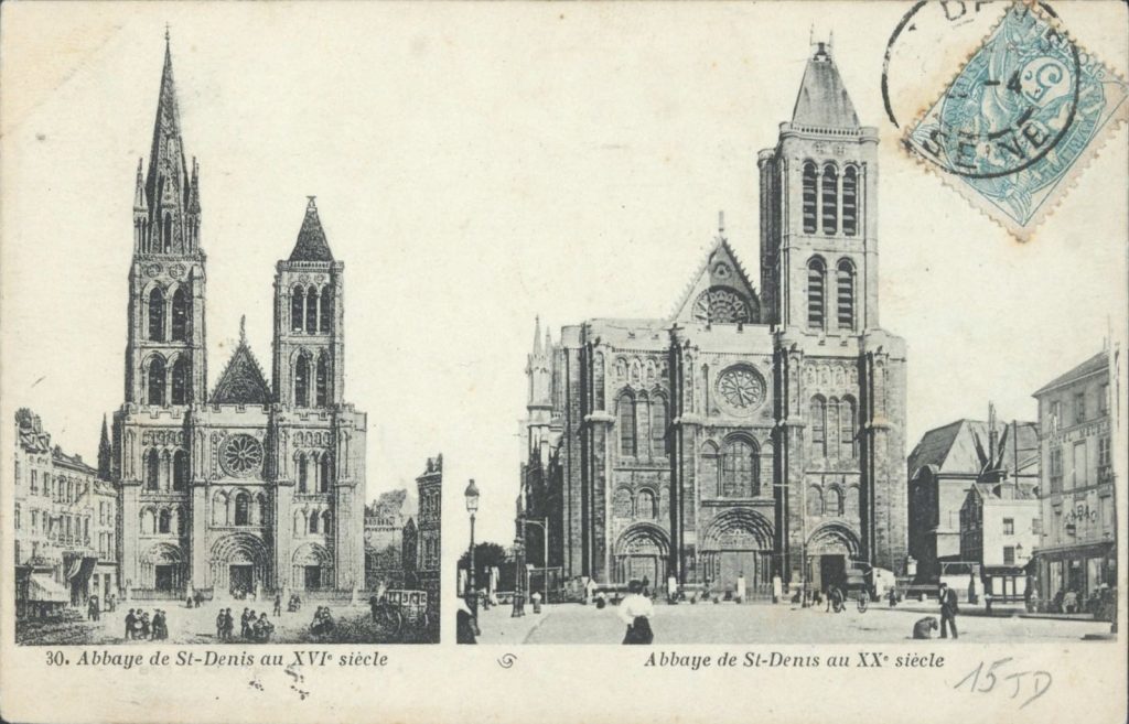 Old card showing the basilica with its stone spire
Source: National French Library