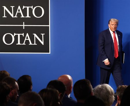 Donald Trump at the NATO Summit press conference.