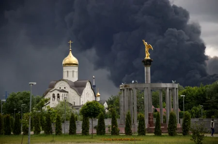 Smoke rises from a refinery after a drone attack.