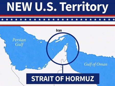 Map of the strategic maritime route with Donald Trump's 'New U.S. Territory' label.