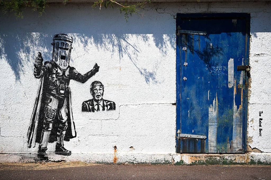 Count Binface graffiti depicting Nigel Farage and the satirical candidate on Clacton Pier in Clacton-on-Sea, England, ahead of the Clacton byelection. Photo: Ben Montgomery/Getty Images