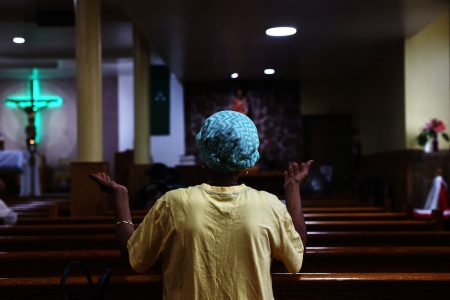 Inside a Catholic church.