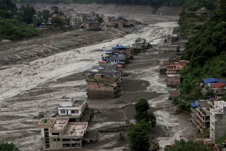 Damaged homes after a flash flood in Trishuli.