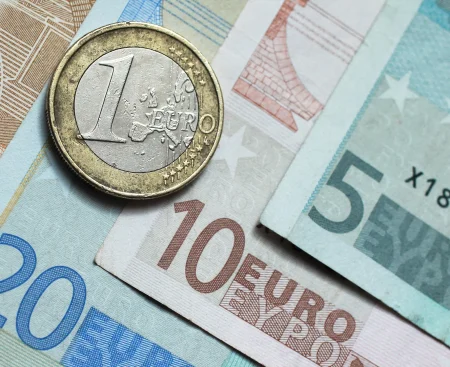 Euro banknotes in circulation.