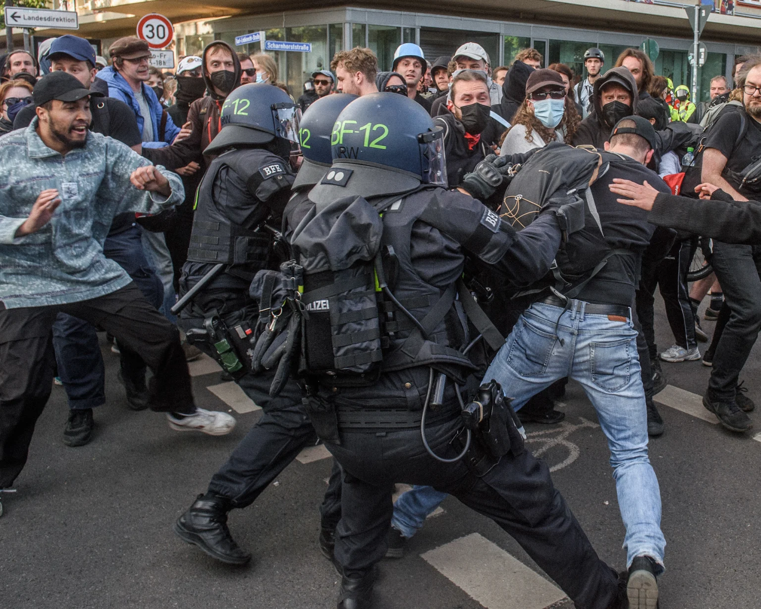 Left-wing demonstrators have clashed with police at several AfD-linked events this summer as opposition to the party hardens ahead of Sunday\'s election. Photo: Yauhen Yerchak/SOPA Images/LightRocket/Getty Images