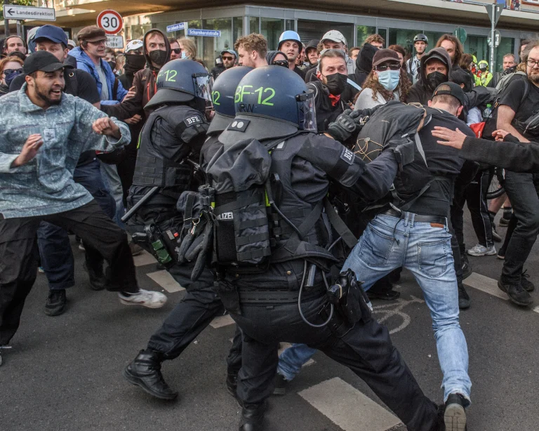 Left-wing demonstrators have clashed with police at several AfD-linked events this summer as opposition to the party hardens ahead of Sunday\'s election. Photo: Yauhen Yerchak/SOPA Images/LightRocket/Getty Images