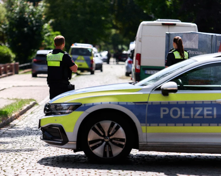 Police officers outside the youth facility in Stade.