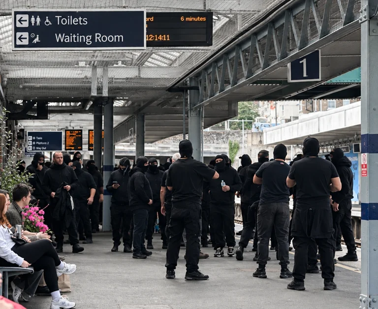 Masked protesters against illegal immigration at Dover Priory station.