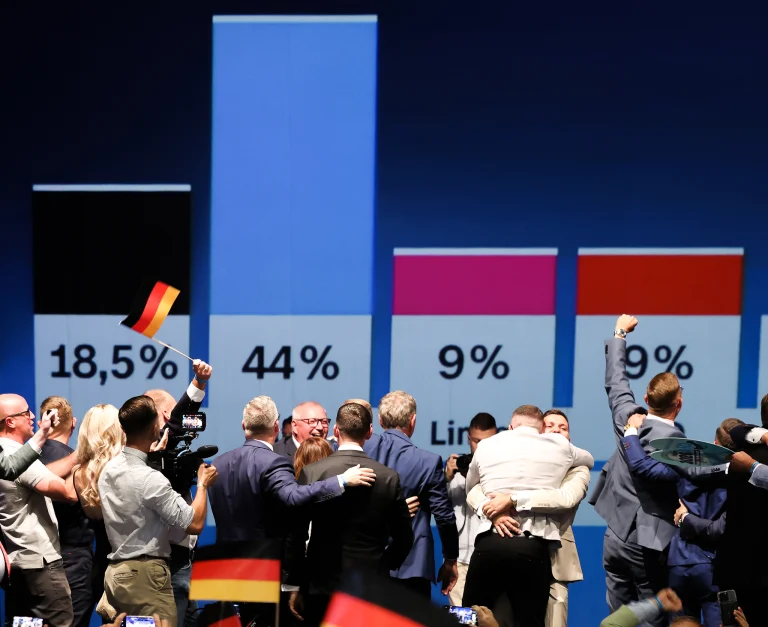 AfD supporters cheer election results.