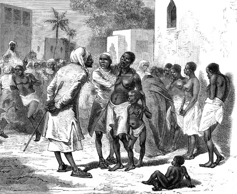 Engraving depicting the slave market in Zanzibar.